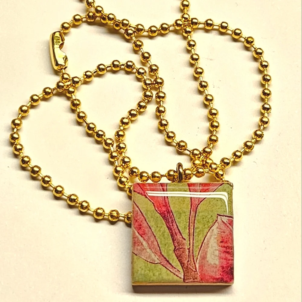 Tropical Leaves Tile Pendant Necklace - Picture 1 of 3